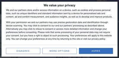 Cookie banner headed “We value your privacy” whose adjacent button reads “I disagree”
