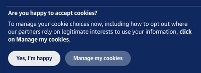 Cookie banner reading “Manage my cookies” with the options “I am happy” and “I am not happy”